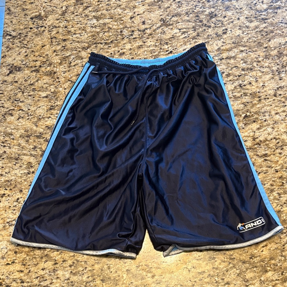 And1 Navy Athletic Shorts with Light Blue Trim